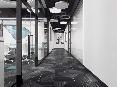 Modern Office Corridor With Glass Partitions Geometric Carpet And Workstations 3d model