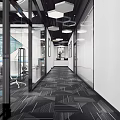 Modern Office Corridor With Glass Partitions Geometric Carpet And Workstations