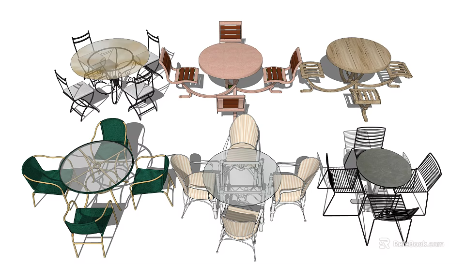 Stylish Modern Outdoor Tables With Round Designs Wooden Glass Metal Tops And Matching Chairs 3d model 