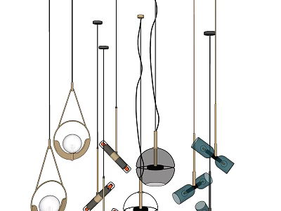 Stylish Contemporary Pendant Lights In Various Shapes With Metal And Fabric Details 3d model