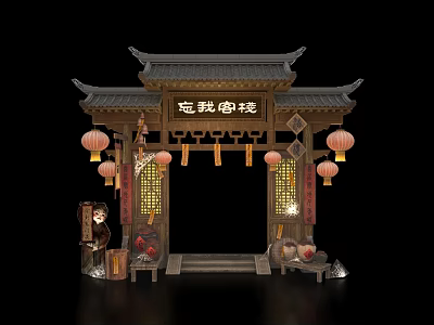 Traditional Chinese Event Gateway with Classic Roof Hanging Red Lanterns and Carved Wooden Windows 3d model