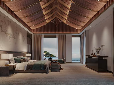 Traditional Bedroom Interior With Wooden Ceiling Mural Large Bed And Mountain View Through Window 3d model