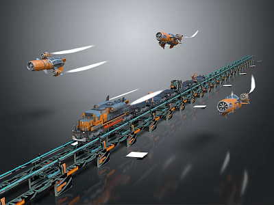 Sci Fi Transportation Scene With Orange Flying Vehicles Long Track And Train Like Cars 3d model