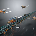 Sci Fi Transportation Scene With Orange Flying Vehicles Long Track And Train Like Cars