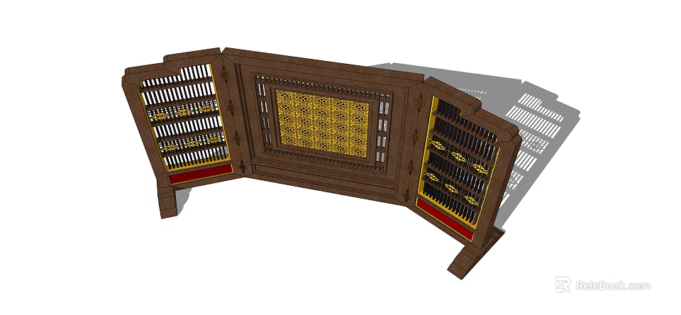 Traditional Wooden Screen With Yellow Floral Pattern And Lattice Design Red Edges 3d model 