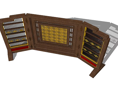 Traditional Wooden Screen With Yellow Floral Pattern And Lattice Design Red Edges 3d model