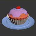 Delicious Cupcake With Pink Frosting Cherry On Top Served On Blue Plate