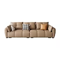 Modern Brown Leather Sectional Sofa with Plaid and Neutral Decorative Pillows