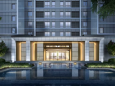 Modern Building Main Entrance Gate With Glass Doors Symmetrical Design And Water Feature Lighting 3d model