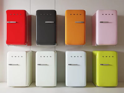 Vintage Small Retro Style Refrigerators With Red Black Orange Pink White Light Gray Yellow Colors 3d model