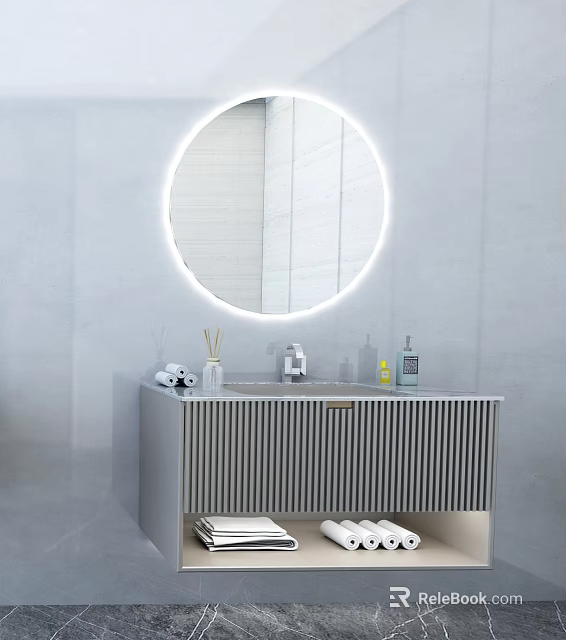 Modern Vanity with Round Illuminated Mirror Striped Cabinet and Toiletries on Gray Wall 3d model 