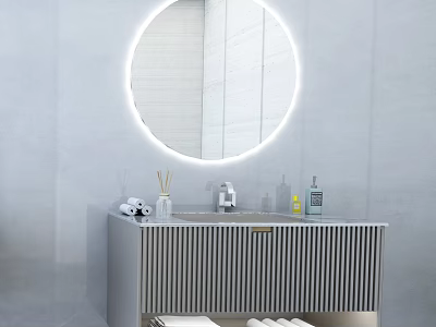 Modern Vanity with Round Illuminated Mirror Striped Cabinet and Toiletries on Gray Wall 3d model