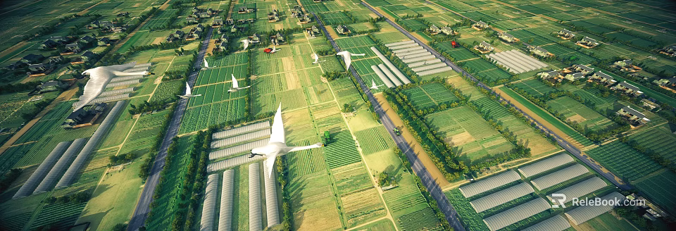 Aerial Planning View of Organized Farmland Greenhouses Roads and Green Space Layout 3d model 