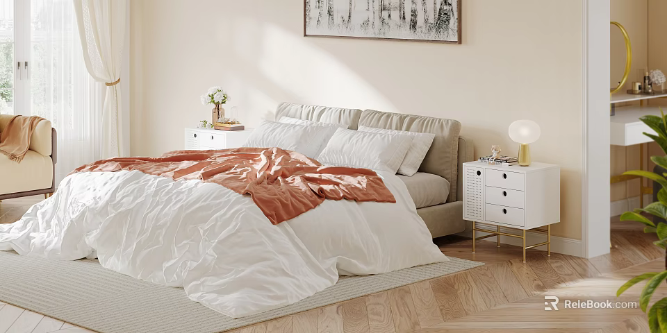Bedroom Interior Design With White Quilt Orange Blanket Bedside Tables Wall Painting And Wooden Floor 3d model 