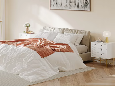 Bedroom Interior Design With White Quilt Orange Blanket Bedside Tables Wall Painting And Wooden Floor 3d model