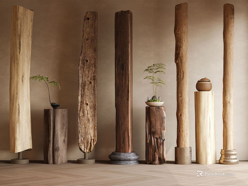 Natural Wooden Columns With Diverse Styles And Small Plants For Interior Decor 3d model 