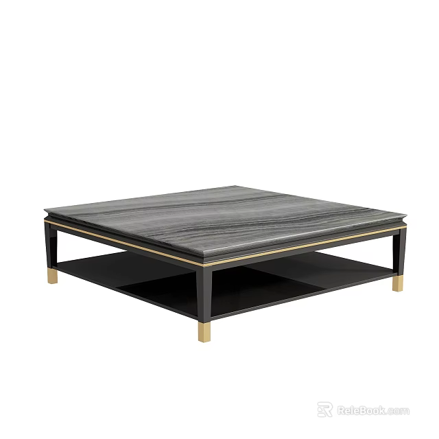 Modern Coffee Table With Gray Marble Top Gold Accents Black Lower Shelf and Gold Legs 3d model 