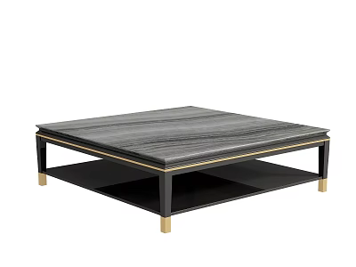 Modern Coffee Table With Gray Marble Top Gold Accents Black Lower Shelf and Gold Legs 3d model