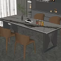 Modern Marble Top Dining Table Set With Brown Leather Chairs And Kitchen Area 3d model