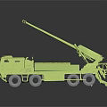Green Military Vehicle With Cannon Mounted On Heavy Duty Truck Chassis And Multiple Wheels