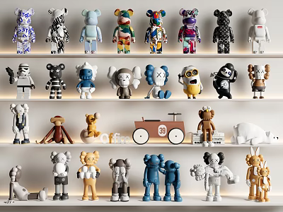 Various Styled Dolls Collection Displayed on Shelves with Different Colors and Designs 3d model