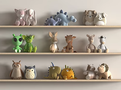 Cute Soft Plush Toys With Various Animal Designs On Wooden Shelves 3d model