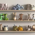 Cute Soft Plush Toys With Various Animal Designs On Wooden Shelves