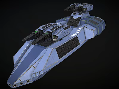 Futuristic Blue Fighter Jet Featuring Multiple Gun Turrets Geometric Design And 3d model