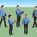 Man wearing blue shirt and black pants holding laptop in various poses