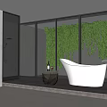 Modern Bathroom Interior With White Bathtub Vanity Mirror Potted Plant And Large Windows