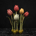 Colorful Tulip Ornaments Photo Spot With Pink Red Yellow White On Marble Countertop Black Background