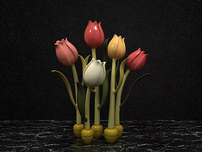 Colorful Tulip Ornaments Photo Spot With Pink Red Yellow White On Marble Countertop Black Background 3d model