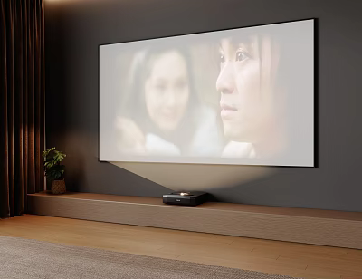 Large Screen Television Mounted On Wall In Living Room With Media Player And Wooden Floor 3d model
