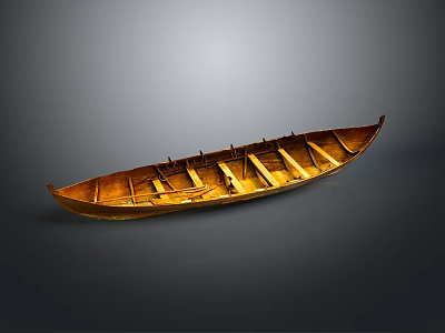 Vintage Yellow Wooden Boat With Multiple Seats On Gray Background 3d model