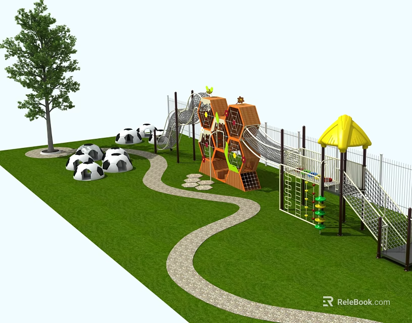 Outdoor Playground Equipment With Climbing Structure Slide Yellow Canopy And Soccer Balls On Green Lawn 3d model 