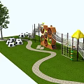 Outdoor Playground Equipment With Climbing Structure Slide Yellow Canopy And Soccer Balls On Green Lawn
