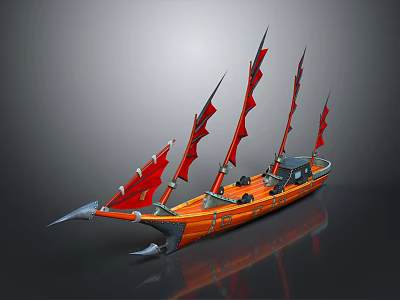 Orange Wooden Boat With Red Sails Sharp Bow And Decorative Hull Design 3d model