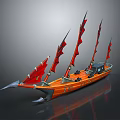 Orange Wooden Boat With Red Sails Sharp Bow And Decorative Hull Design