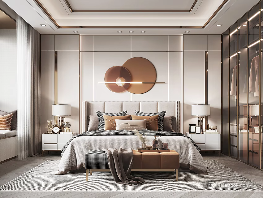 Elegant Modern Bedroom Interior Design With Upholstered Headboard Bedside Tables And Circular Wall Decor 3d model 