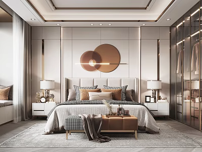 Elegant Modern Bedroom Interior Design With Upholstered Headboard Bedside Tables And Circular Wall Decor 3d model