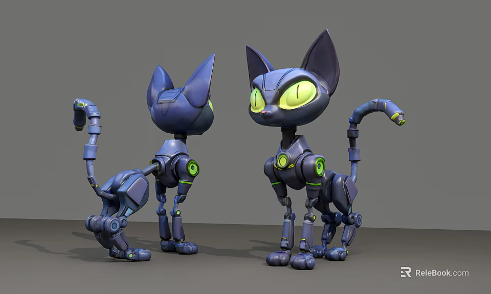 Smart Machine Cat Featuring Mechanical Structure Blue Body And Green Eyes In Different Poses 3d model 