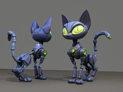 Smart Machine Cat Featuring Mechanical Structure Blue Body And Green Eyes In Different Poses 3d model
