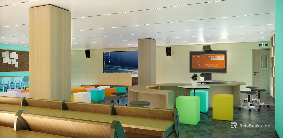Modern Conference Room With Colorful Seats Large Screen Podium And Bright Lighting 3d model 