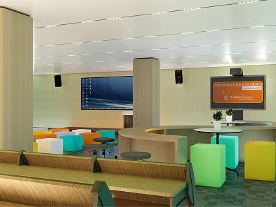 Modern Conference Room With Colorful Seats Large Screen Podium And Bright Lighting 3d model