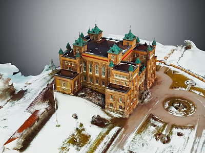 Historic Classical Architecture Building With Green Copper Roofs And Spires In Snowy Landscape 3d model