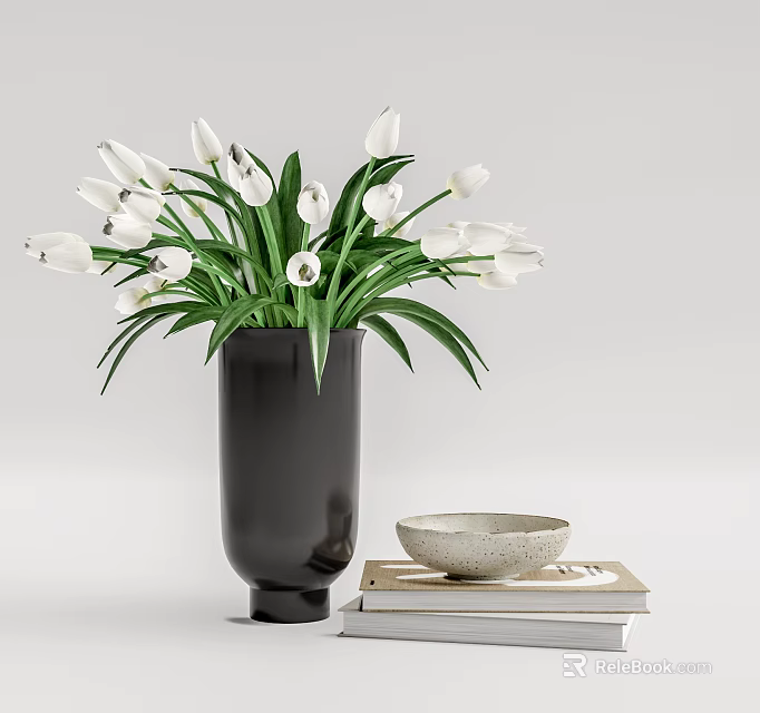 Fresh White Tulips in Black Vase with Bowl and Stacked Books on Minimalist Surface 3d model 