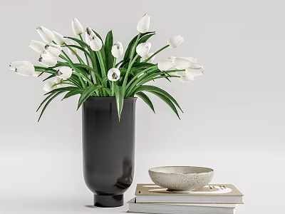 Fresh White Tulips in Black Vase with Bowl and Stacked Books on Minimalist Surface 3d model