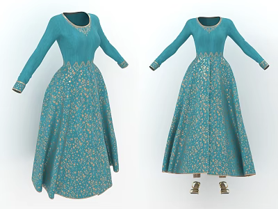 Blue Traditional Dress With Gold Patterns Long Sleeves And Neckline Cuff Details 3d model