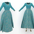 Blue Traditional Dress With Gold Patterns Long Sleeves And Neckline Cuff Details