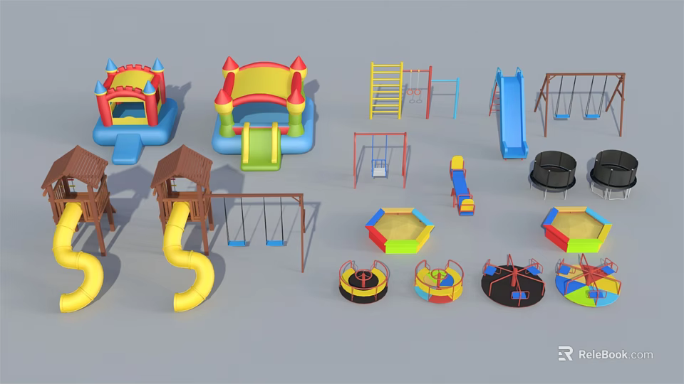 Colorful Playground Equipment With Inflatable Castles Slides Swings Climbing Frames And Rotary Rides 3d model 